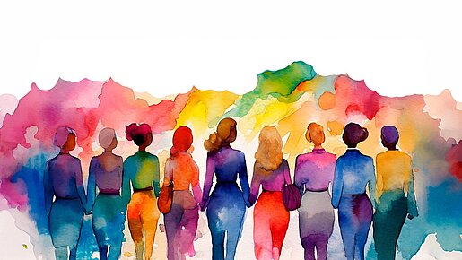 Gruppe von Frauen von hinten - gemalt mit bunten Farben (Pinselzeichnung)