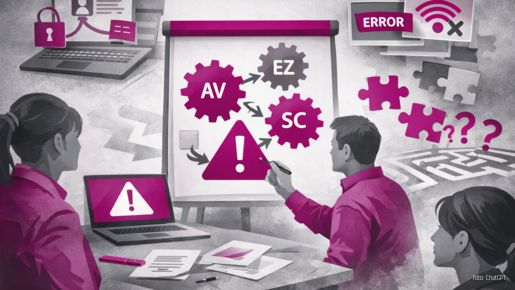 Auf der KI erstellten Grafik sind drei Personen an einem Schreibtisch vor einem Flipchart zu sehen.