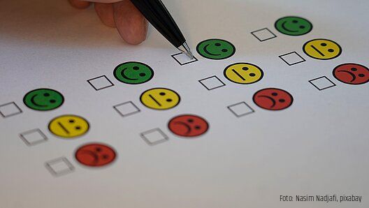 Das Bild zeigt einen Zettel mit positiven, neutralen und negativen Smileys auf einem Umfragebogen sowie eine Hand mit Stift.