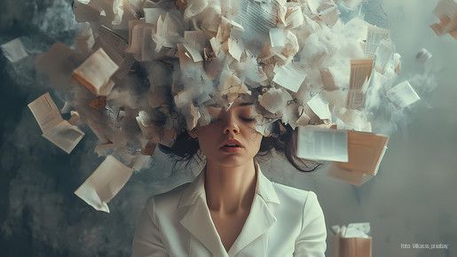 Frau mit rauchendem Kopf und umherfliegenden Blättern